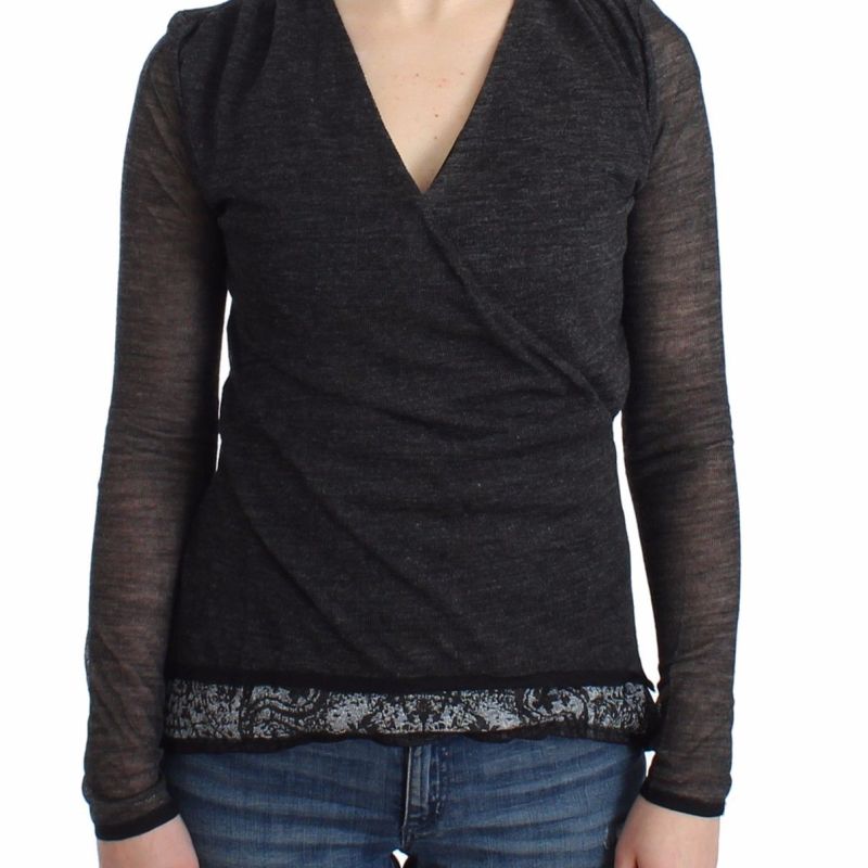 Gray Wool Blend Stretch Long Sleeve Sweater