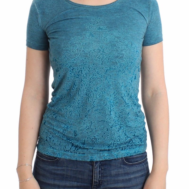 Blue Rayon Printed T-shirt Blouse Top