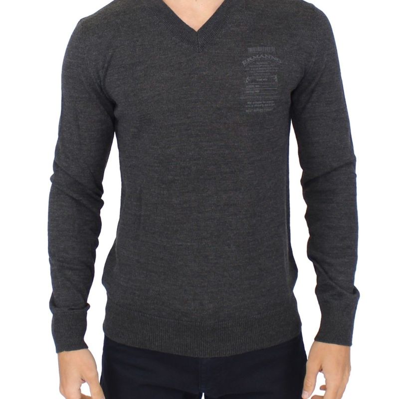 Gray Wool Blend V-neck Pullover Sweater