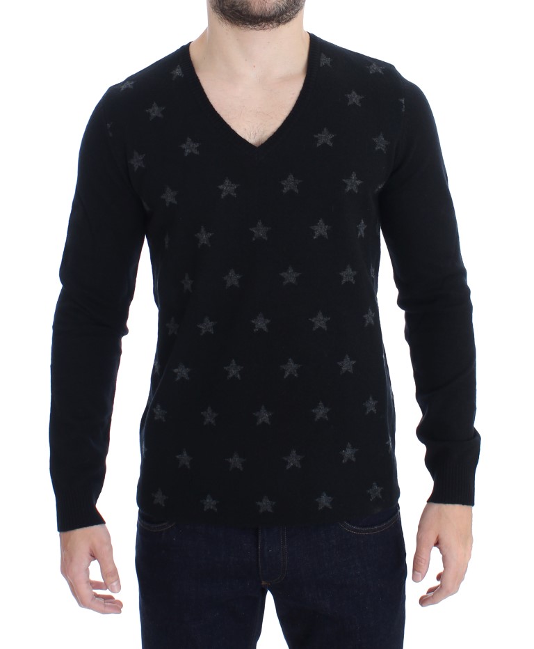 Black Gray Star Print V-neck Sweater