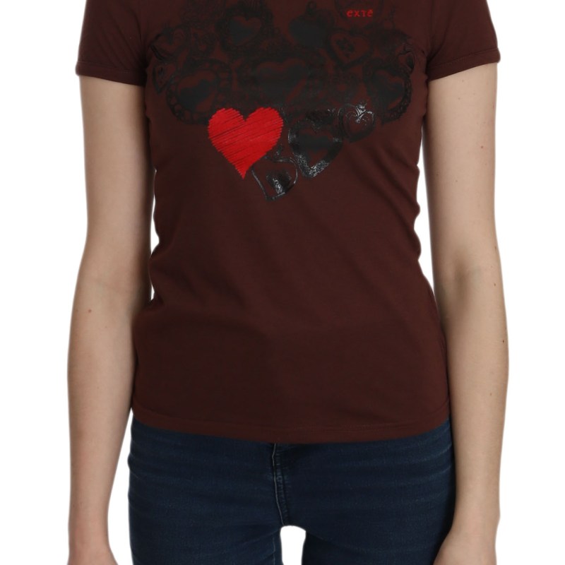 Brown Heart Print Crew Neck T-shirt Short Sleeve Blouse