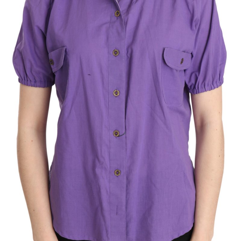 Purple Floral Lining Short Sleeve Polo Top Blouse
