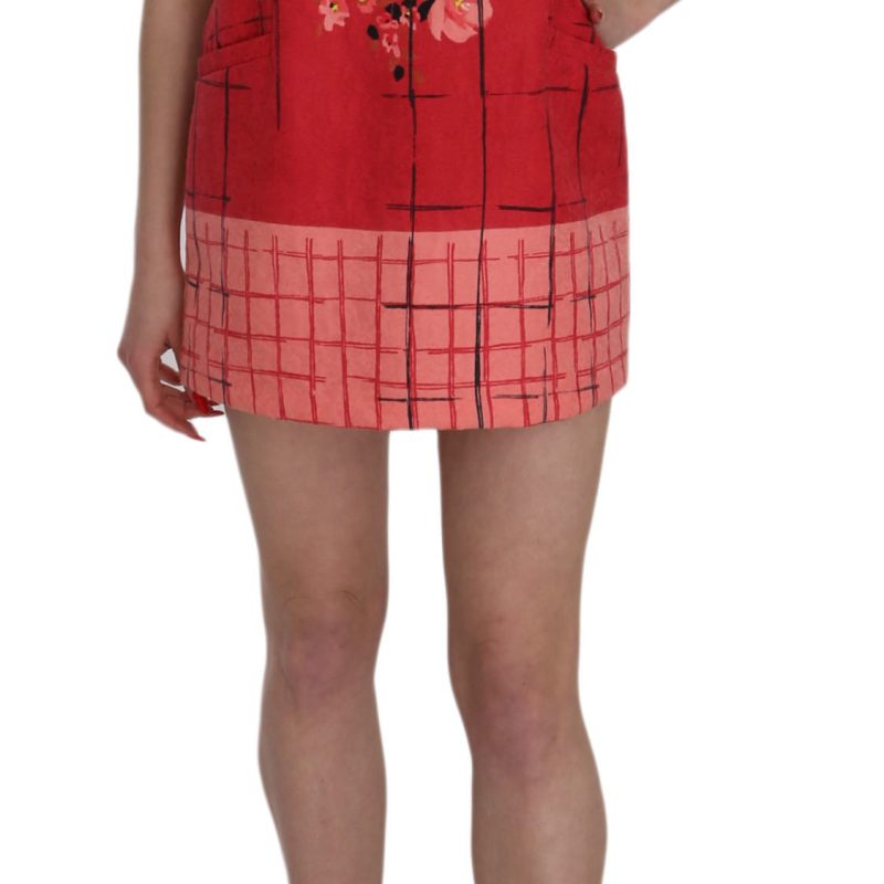 Red Checkered Rose Floral Print Mini Sheath Dress