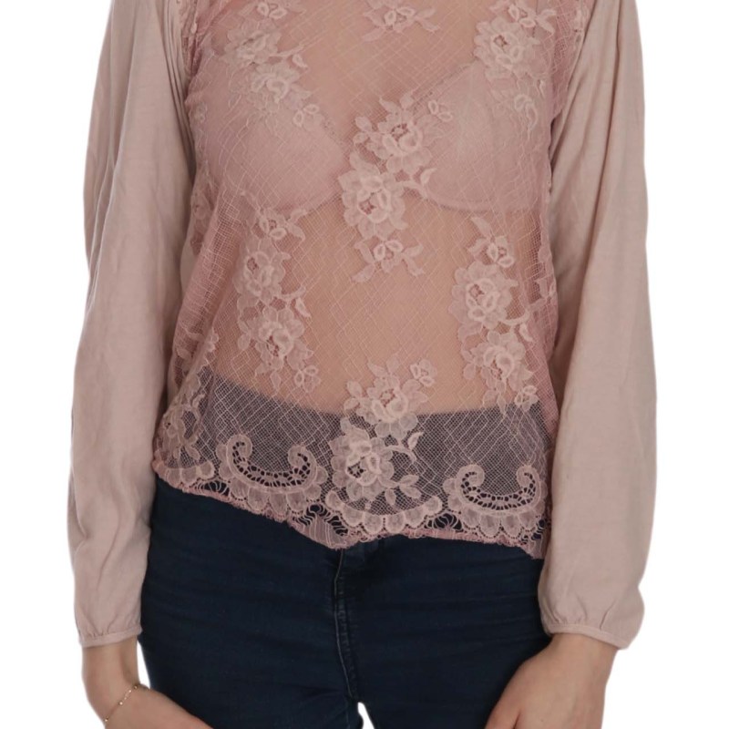 Pink Lace See Through Long Sleeve Blouse