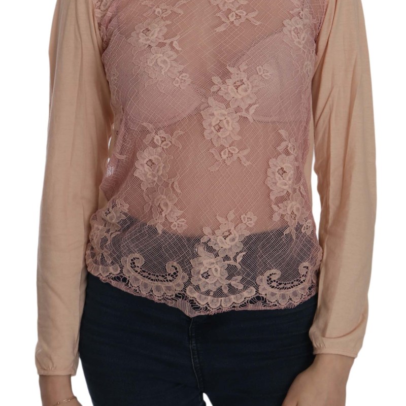 Pink Lace See Through Long Sleeve Top Blouse