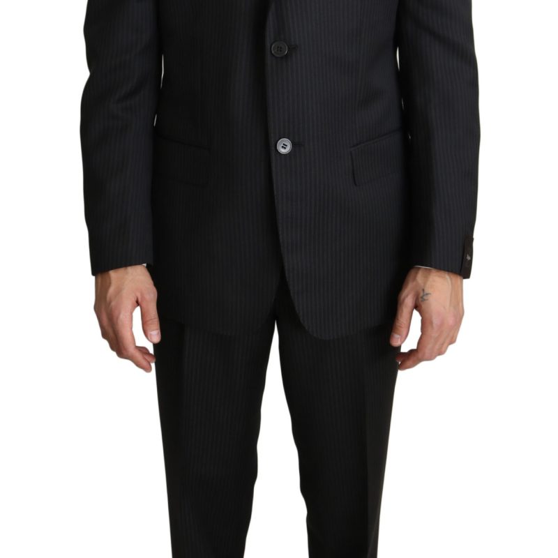 Black Striped Two Piece 2 Button Wool Suit