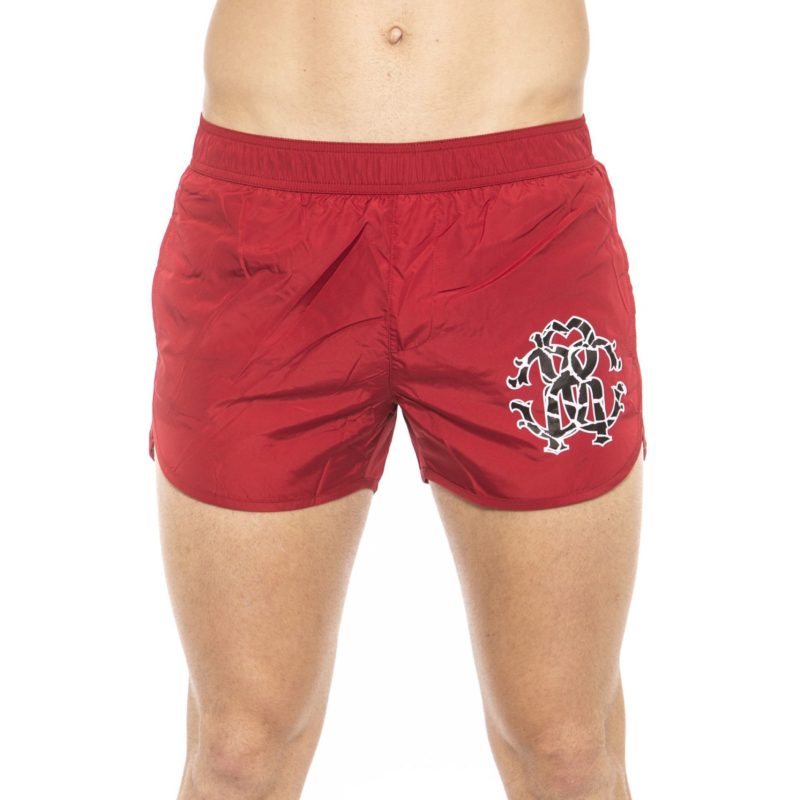 Red Short Beachwear Boxer With Pockets. Front Logo Print. Internal Net. Back Pocket.